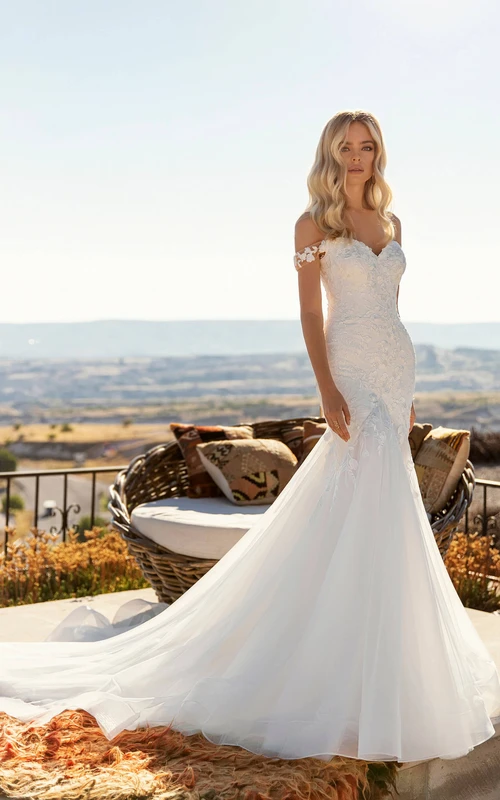 Vestido de novia sexy estilo sirena con espalda de corsé de tul y encaje y cola de capilla, con hombros descubiertos.