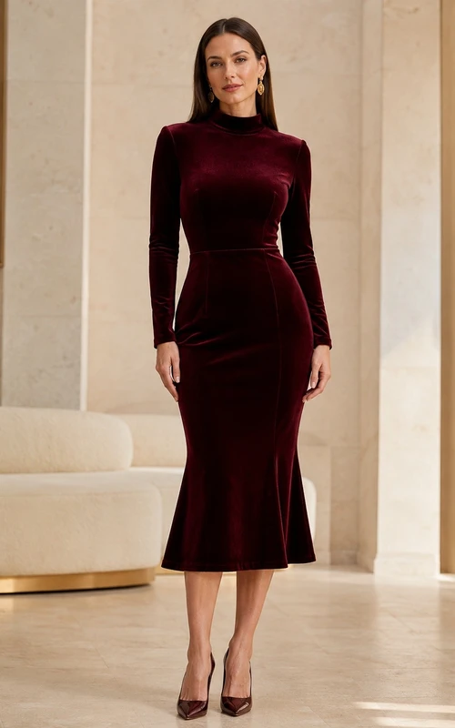 Burgundy Velvet High-Neck Long-Sleeve Refined Sheath Tea-Length Dress