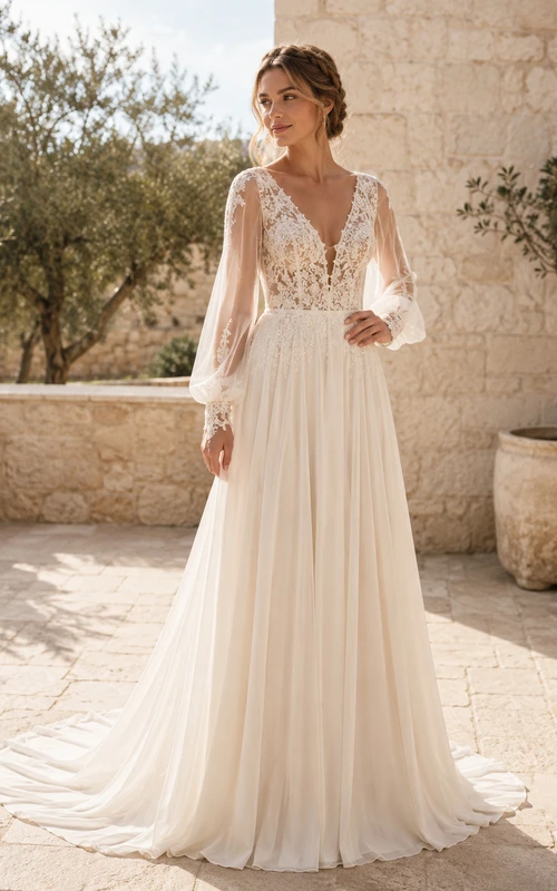 Robe de mariée d'extérieur en mousseline de soie polie, dentelle, décolleté plongeant en V, manches gigot, bustier trapèze et traîne, manches bouffantes ....