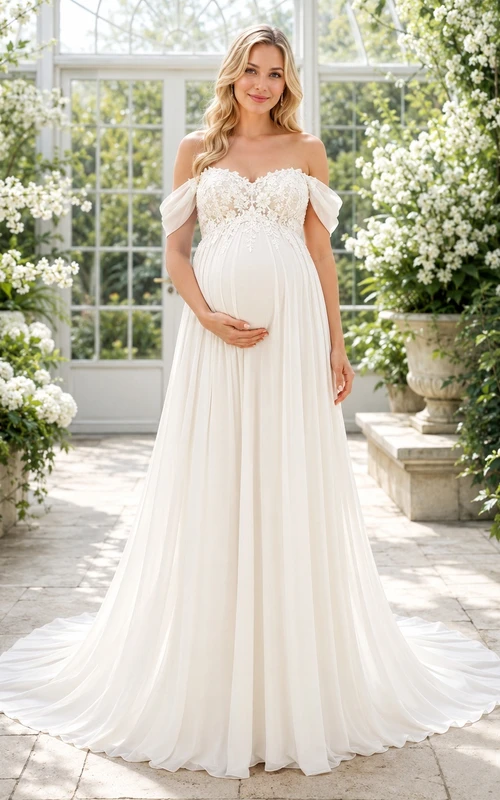 Maternity Off-Shoulder Floral Applique Empire A-Line Chapel Train Romantic Wedding Dress