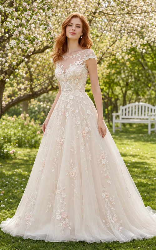 Brautkleid mit Blumenmuster, schulterfrei, bestickt, aus Tüll, A-Linie
