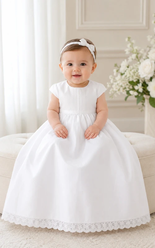 Simple Baby Baptism Christening Ceremony Dress A-Line Knee-Length Jewel Neck Cap Sleeve Satin Bow Back Button Back