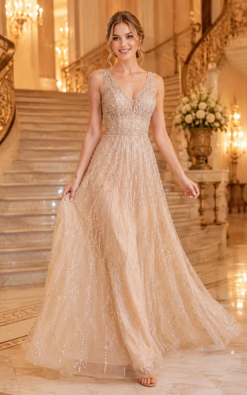 Vestido de noche color champán con escote en V y falda de tul, corte en A, adornado con cuentas.