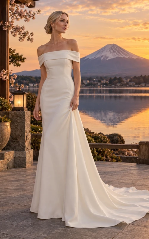 Schlichtes Meerjungfrauen-Brautkleid mit schulterfreiem, gefaltetem Ausschnitt und Schleppe