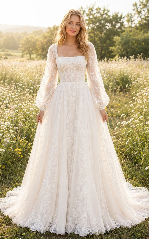 Boho Square Neck Bishop Sleeve Lace Meadow Bridal Gown