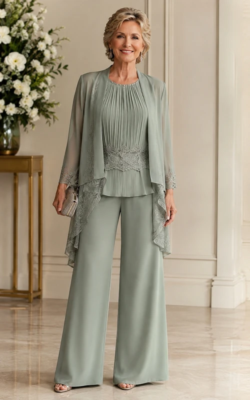 Traje de pantalón de gasa color salvia para la madre de la novia con chaqueta ribeteada de encaje.