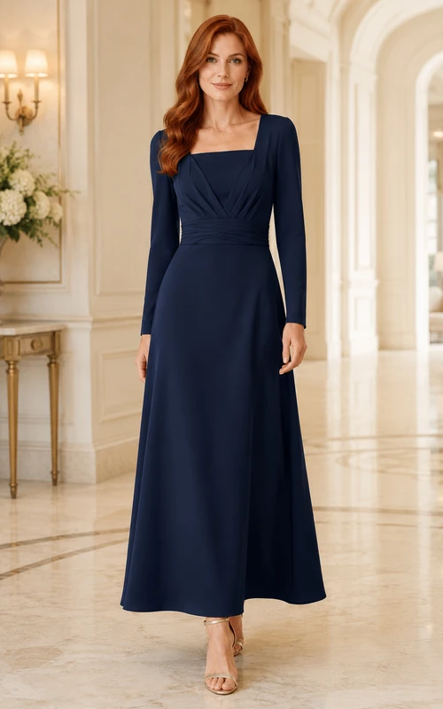 Vestido azul marino oscuro de manga larga y cuello cuadrado hasta la rodilla