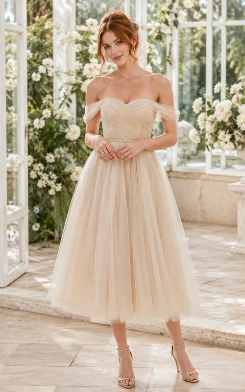 Champagne Off-the-Shoulder Short Sleeve Tulle A-Line Midi Dress