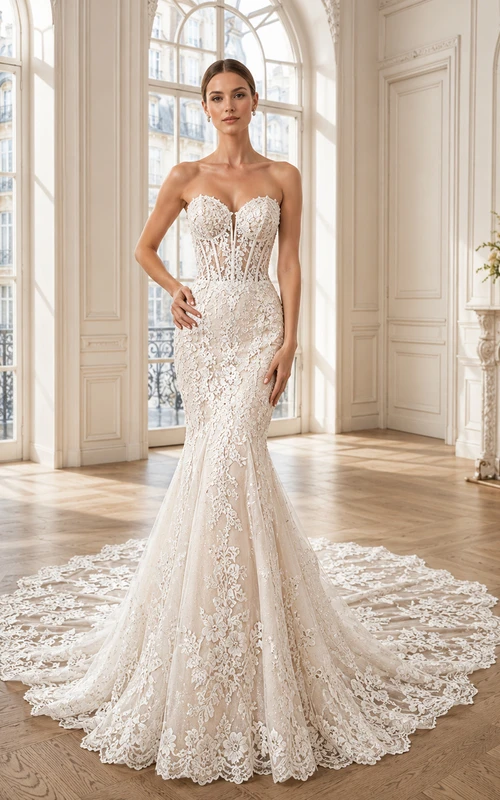 Trägerloses Brautkleid mit Herzausschnitt, Korsett, floraler Spitze, Meerjungfrauen-Schleppe und Kapellenschleppe