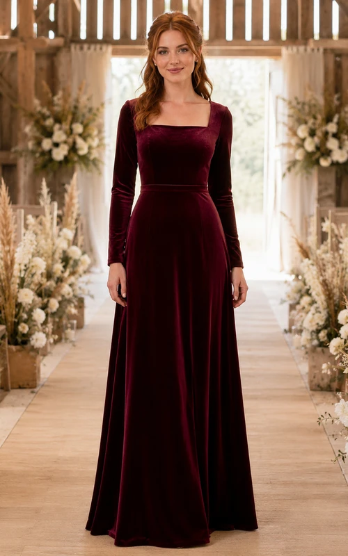 Robe de demoiselle d'honneur bordeaux en velours à manches longues et col carré, longueur au sol