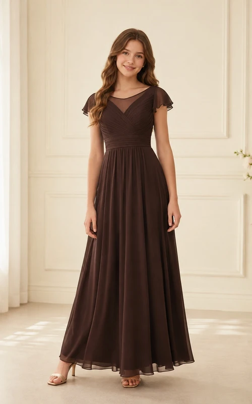 Vestido de dama de honor juvenil marrón, corte en A, escote en V, manga corta, fruncido, elegante.