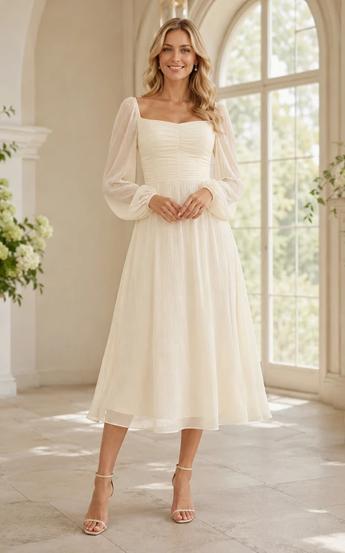 Einfaches, quadratisch geschnittenes Chiffonkleid mit Poetenärmeln und Falten in Teelänge für standesamtliche Hochzeiten