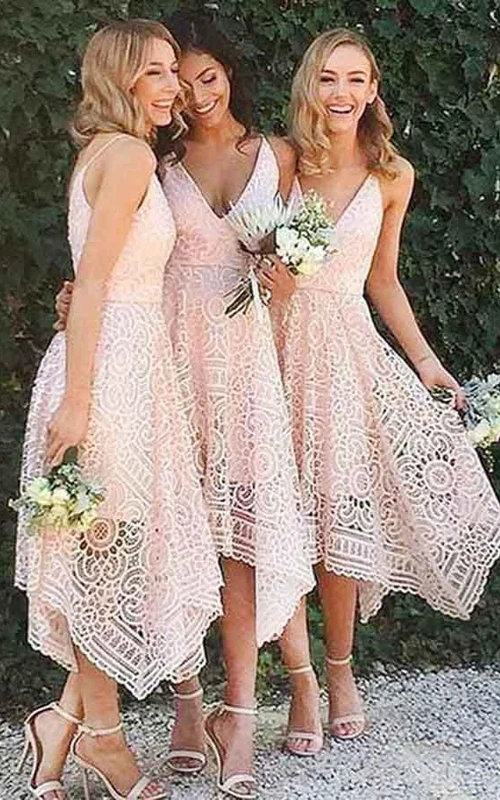 Spaghetti-Spitzen-Brautjungfernkleid in zartem Rosa, A-Linie, Teelänge
