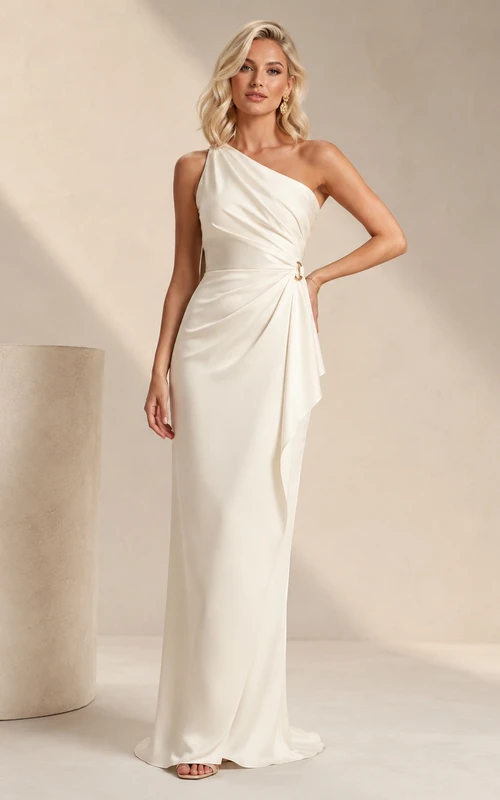 Vestido de noche formal blanco de un solo hombro, de jersey drapeado y largo hasta el suelo.