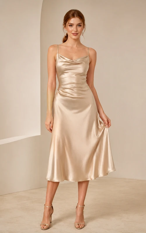 Robe de cocktail midi nuisette en satin champagne à col bénitier