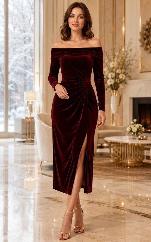 Burgundy Velvet Off-the-shoulder Long Sleeve Cocktail Dress