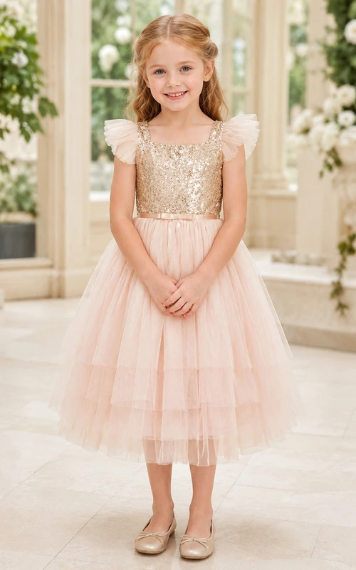 Vestido de niña de flores de tul y encaje con corte en A, mangas cortas, cuello redondo y falda a la altura de la rodilla.