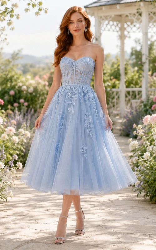 Himmelblaues, trägerloses Tüllkleid mit Herzausschnitt, A-Linie und floralen Applikationen in Teelänge
