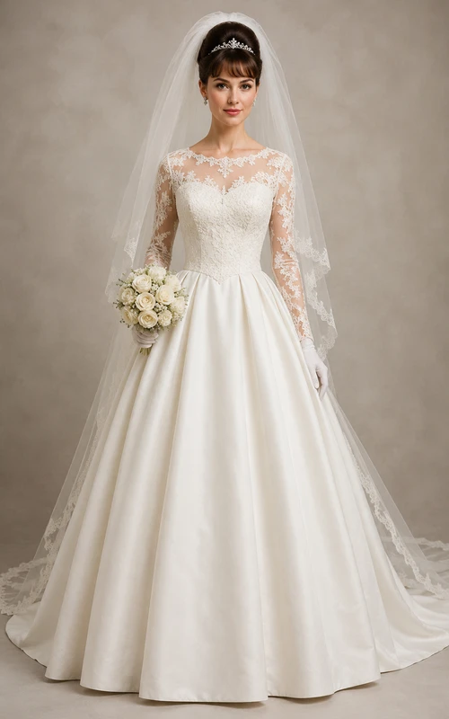Vintage Long Sleeve Lace Satin Ball Gown Wedding Dress