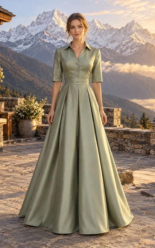 Schlichtes, dezentes, salbeigrünes Hemdblusenkleid aus Satin mit halben Ärmeln und Falten