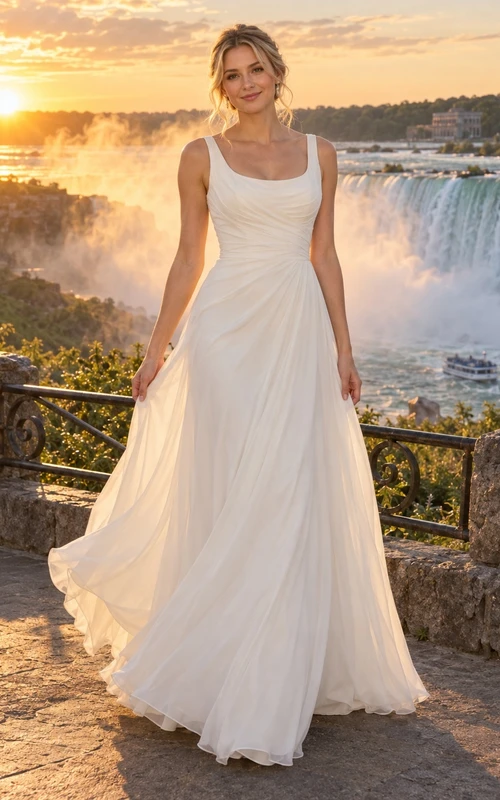 Vestido de novia sencillo de gasa drapeada sin mangas con escote drapeado y largo hasta el suelo