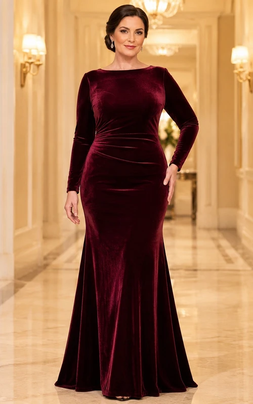 Robe de soirée sirène en velours bordeaux à manches longues et ourlet bateau, grande taille