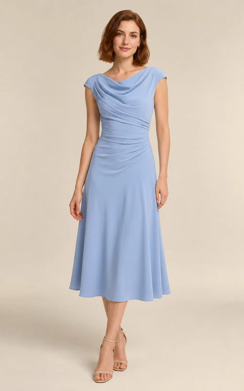 Sky Blue Draped Bodice Crepe Midi Occasion Dress