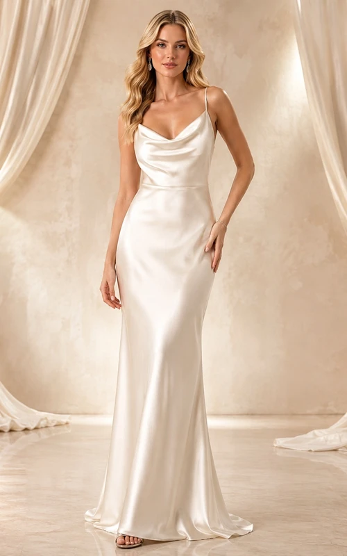 Ivory Cowl Neck Spaghetti Draped Satin Sheath Sweep Evening Gown