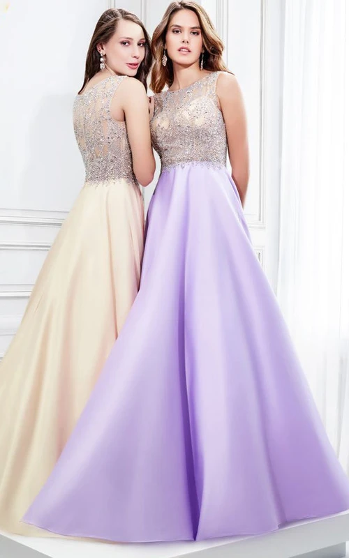Ärmelloses, perlenbesetztes A-Linien-Abendkleid aus Satin mit Rundhalsausschnitt und transparentem Rückenausschnitt