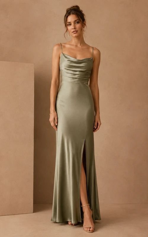 Vestido tubo de charmeuse con cuello drapeado color salvia