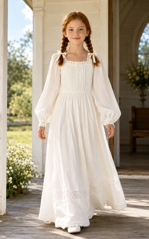 Robe de première communion en dentelle à col carré Prairie et manches gigot