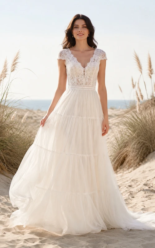 Boho Beach A Line V Neck Cap Lace Sleeve Tiered Tulle Wedding Dress
