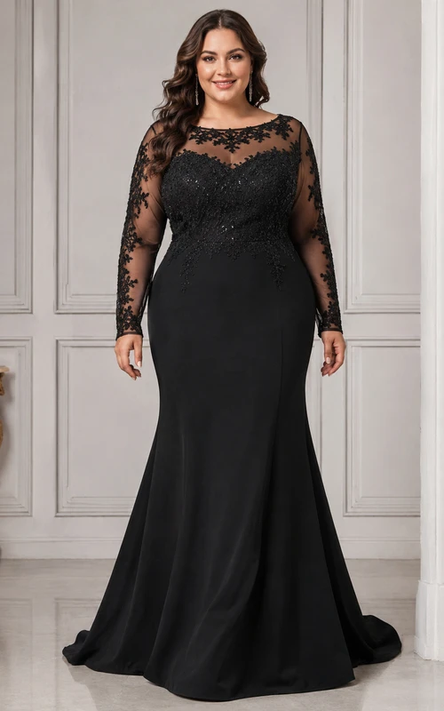 Robe de soirée grande taille sirène en dentelle, décolleté bateau, manches longues et perles de dentelle, longueur au sol