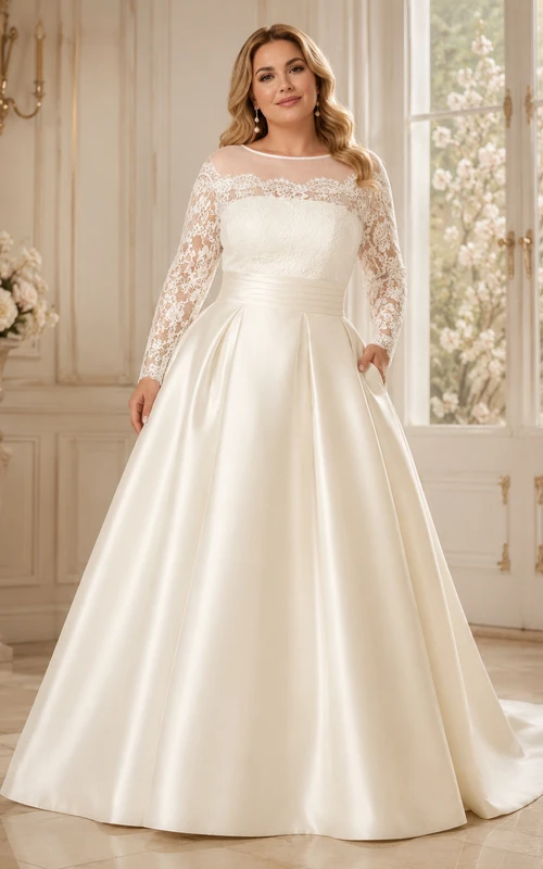 Robe de mariée élégante en satin, coupe trapèze, manches longues et fronces.