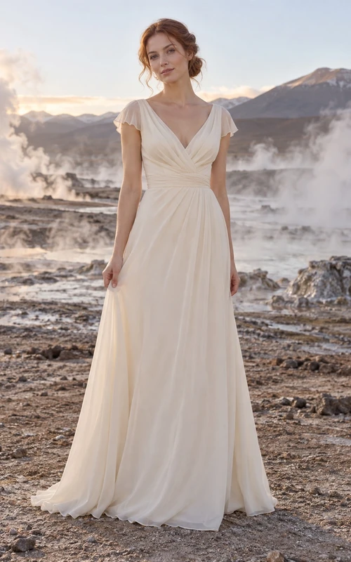 Sencillo vestido de novia color champán con corte en A, escote en V cruzado y mangas cortas transparentes.