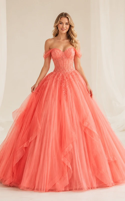 Coral Off-Shoulder Sweetheart Tulle Ball Gown Quinceanera Dress Reception Romantic