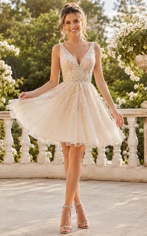 Simple Short/Mini Sleeveless Bridal Ceremony Formal V-neck A-line Dress