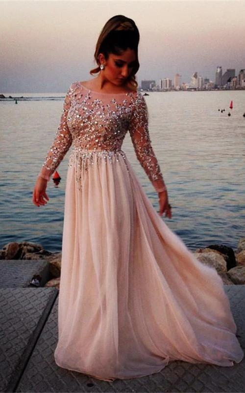 Robes de bal glamour à manches longues ornées de perles, en mousseline longue