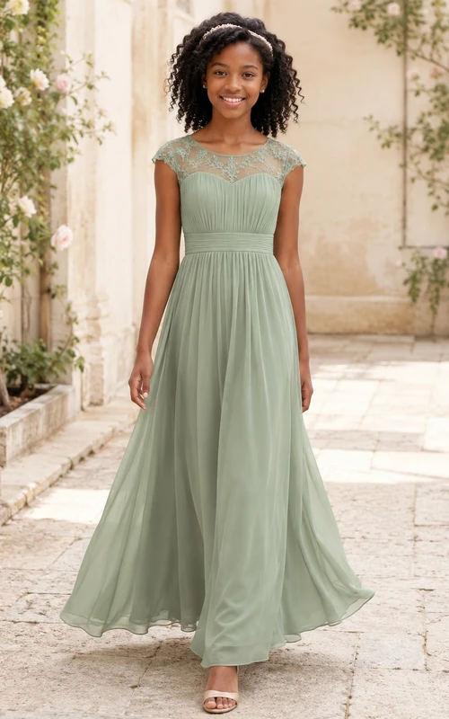 Celadonfarbenes Brautjungfernkleid für junge Mädchen, A-Linie, kurze Ärmel mit Muschelsaum, Oberteil aus Spitze