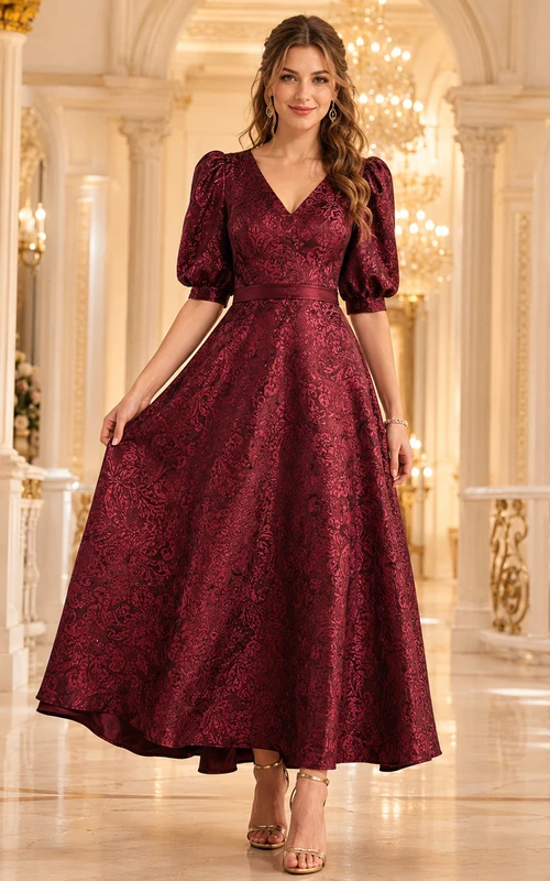 Vestido de invitada de corte A con escote en V y mangas abullonadas en jacquard color burdeos