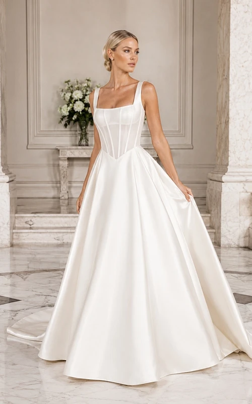 Vestido de novia sencillo de satén con escote cuadrado y varillas a la vista, corte en A.