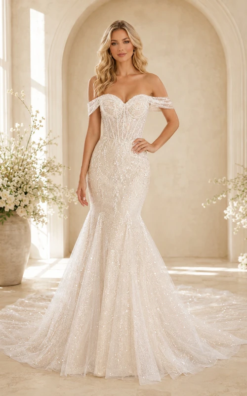 Vestido de novia de encaje estilo sirena con hombros descubiertos y cola larga, espalda baja en V.