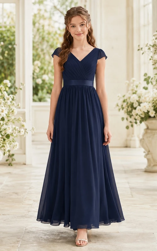 Dunkelblaues Brautjungfernkleid für junge Damen, A-Linie, bodenlang, V-Ausschnitt, kurze Ärmel, mit Kappen-Detail, romantisch