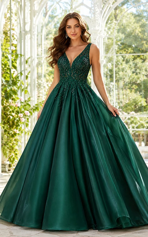 Lujoso vestido de fiesta de gala verde oscuro con escote en V, tul satinado con cuentas y cola larga.