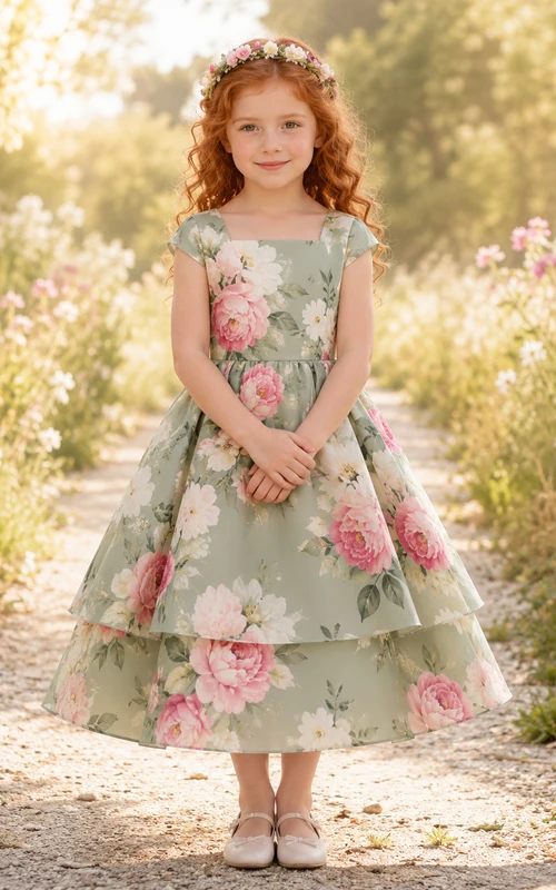 Groß geschnittenes, salbeigrünes Blumenmädchenkleid mit Blumenmuster, kurzen Ärmeln, gestuftem A-Linien-Rock, natürlicher Taille und Teelänge