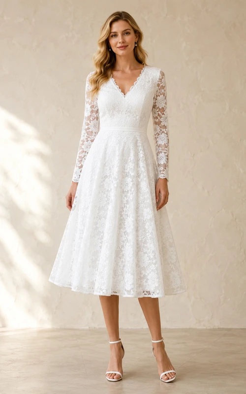 Romantic White Tea-Length V-Neck Long Sleeve Lace Garden Guest Dress