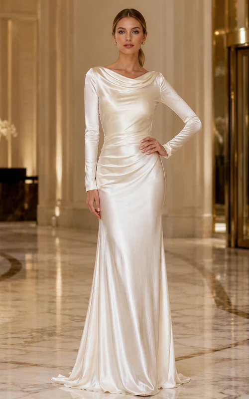 White Cowl-Neck Long-Sleeve Draped Satin Simple Sheath Sweep Evening Gown