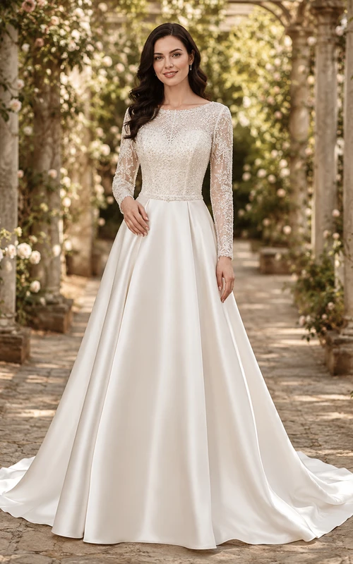Elegant Bateau Long Lace Sleeve Satin A-Line Chapel Train Wedding Dress