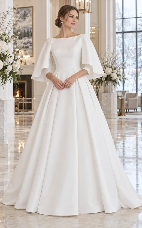 Vestido de novia sencillo y modesto de corte A con escote barco y capa corta de satén plisada.