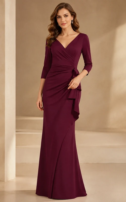 Claret Simple Jersey Wrap V-neck 3/4 Length Sleeve Sheath Floor-length Mother Dress